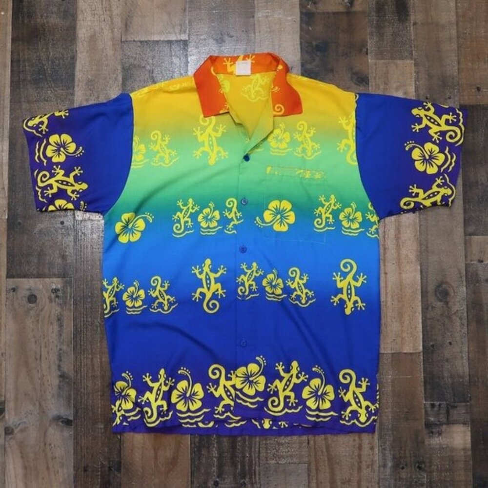 RIMA Mens Tree Frog Gecko Red Blue Green Yellow Hawaiian Button Up Shirt